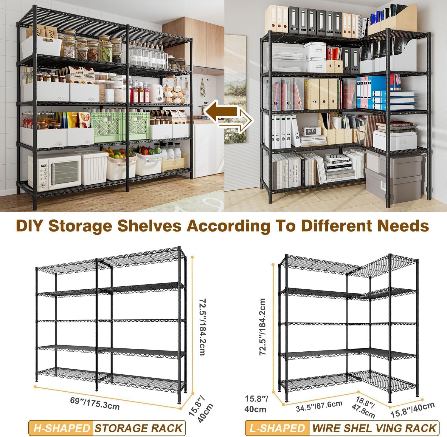 Uptyia Estante de Almacenamiento de 5 Niveles,Metálico y Ajustable,Gran Capacidad de 500KG,Estante Organizador para Cocina,Garaje,Supermercado,Negro 69" W x 72.5" H x 15.75" D
