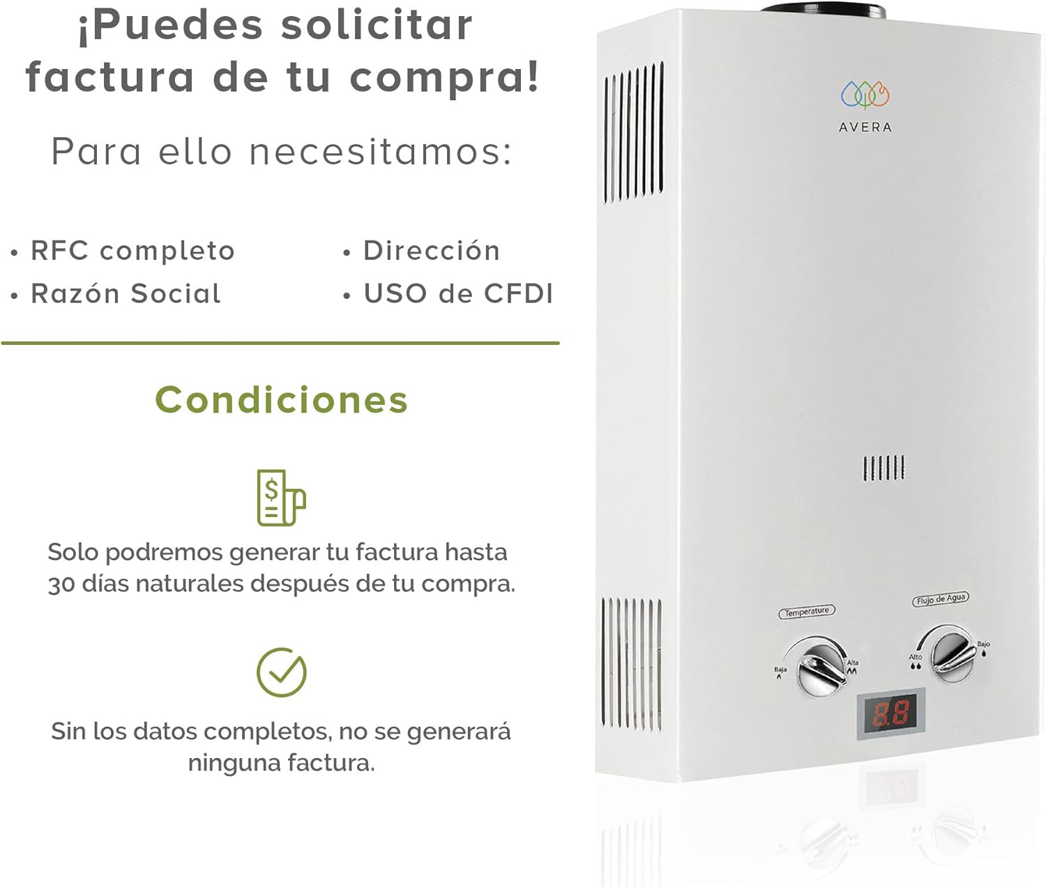 AVERA Calentador de Agua Instantaneo para 1 Regadera GAS LP, Perillas Reguladoras, (Ahorra Hasta 80% de Gas y Disfruta de Agua Caliente al Instante), Boiler de Paso, Capacidad 6 Litros/Minuto, C6L