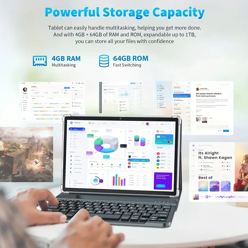 10 Inch 2-in-1 Android Tablet - 4GB RAM, 64GB ROM, 1TB Expand, Android 13, WiFi, Wireless, GMS, with Keyboard, Mouse, Case, and Stylus