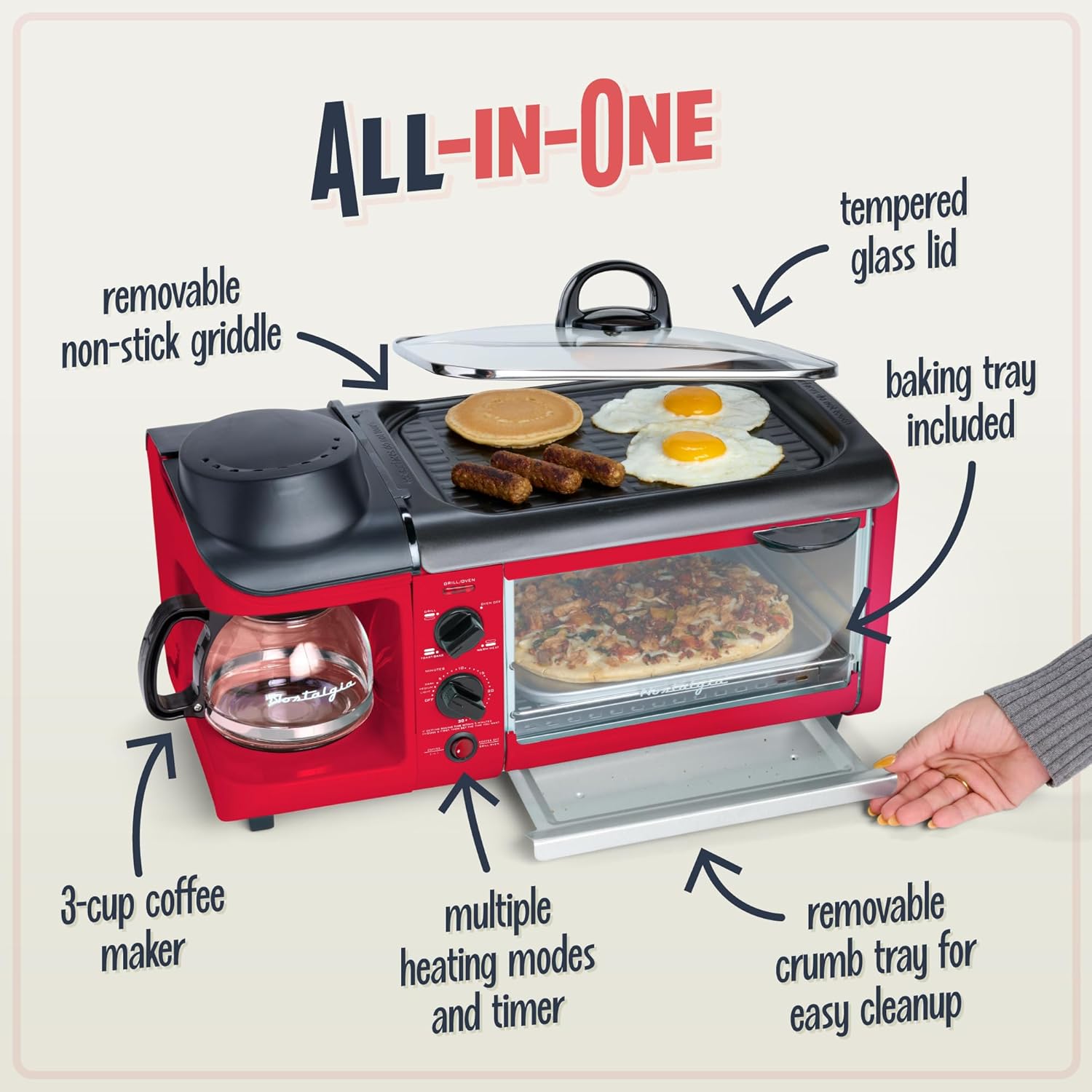 NOSTALGIA BST3RR Retro 3-in-1 Family Size Breakfast Station, Red