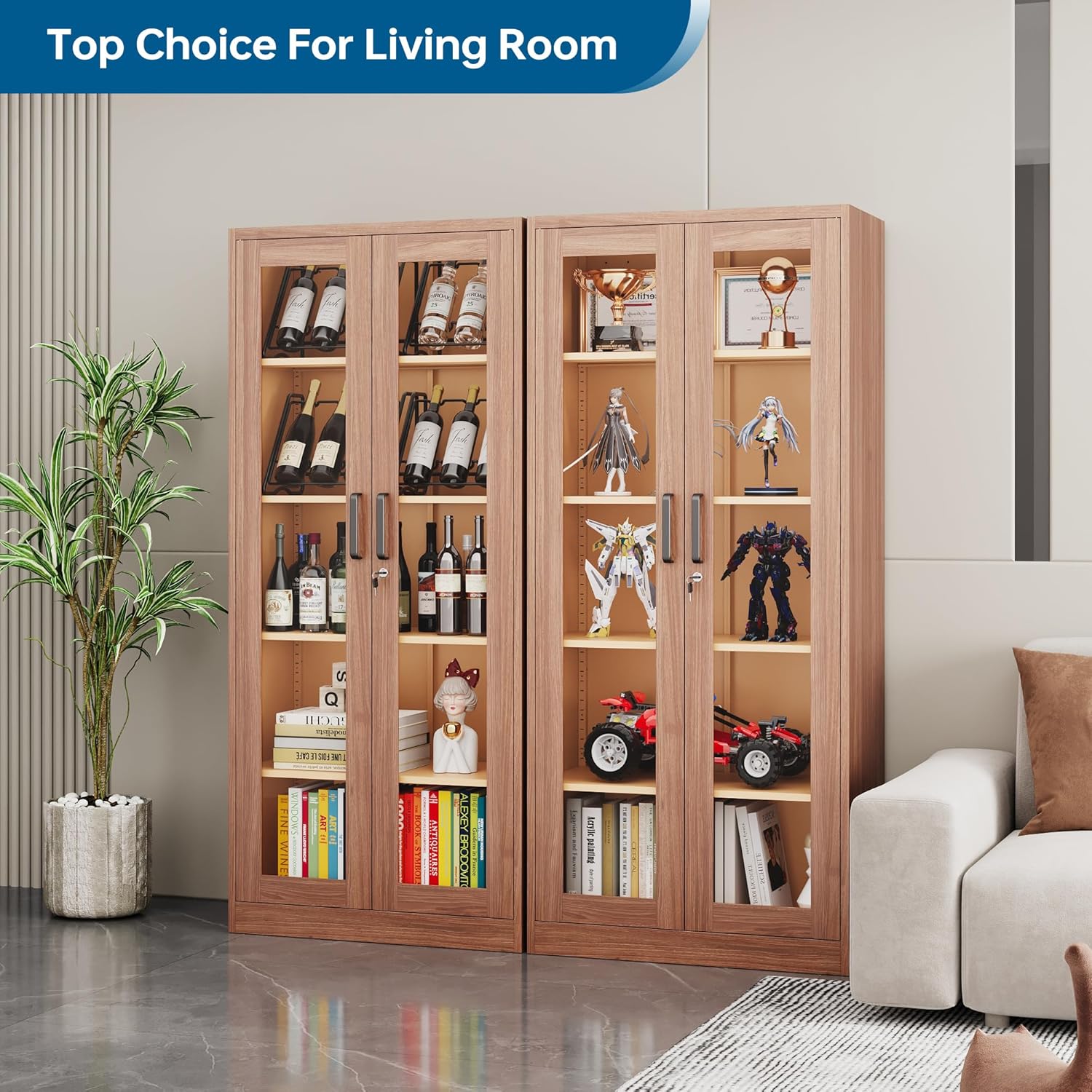 PEUKC - Vitrina con puertas de vidrio, vitrinas con 4 estantes ajustables y cerradura para el hogar, la oficina, la clínica, la despensa, requiere ensamblaje, negro, color madera