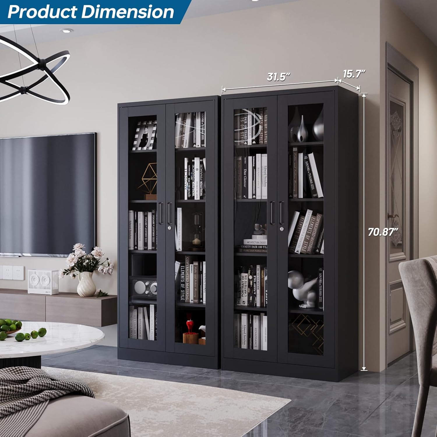 PEUKC - Vitrina con puertas de vidrio, vitrinas con 4 estantes ajustables y cerradura para el hogar, la oficina, la clínica, la despensa, requiere ensamblaje, negro, color madera