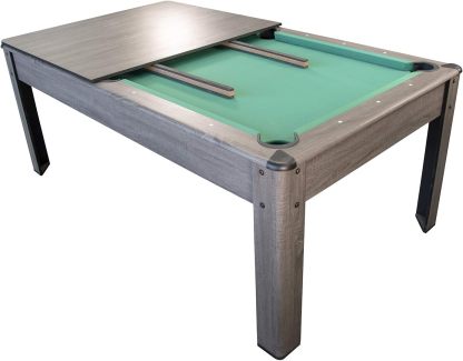 PLAY4FUN Mesa de Billar Convertible en Comedor | 2 en 1 Multifuncional | 226 x 126 x 80 cm | Tapete Verde con Retorno de Bolas | Accesorios Incluidos | Capacidad para 8 Personas | Color Gris