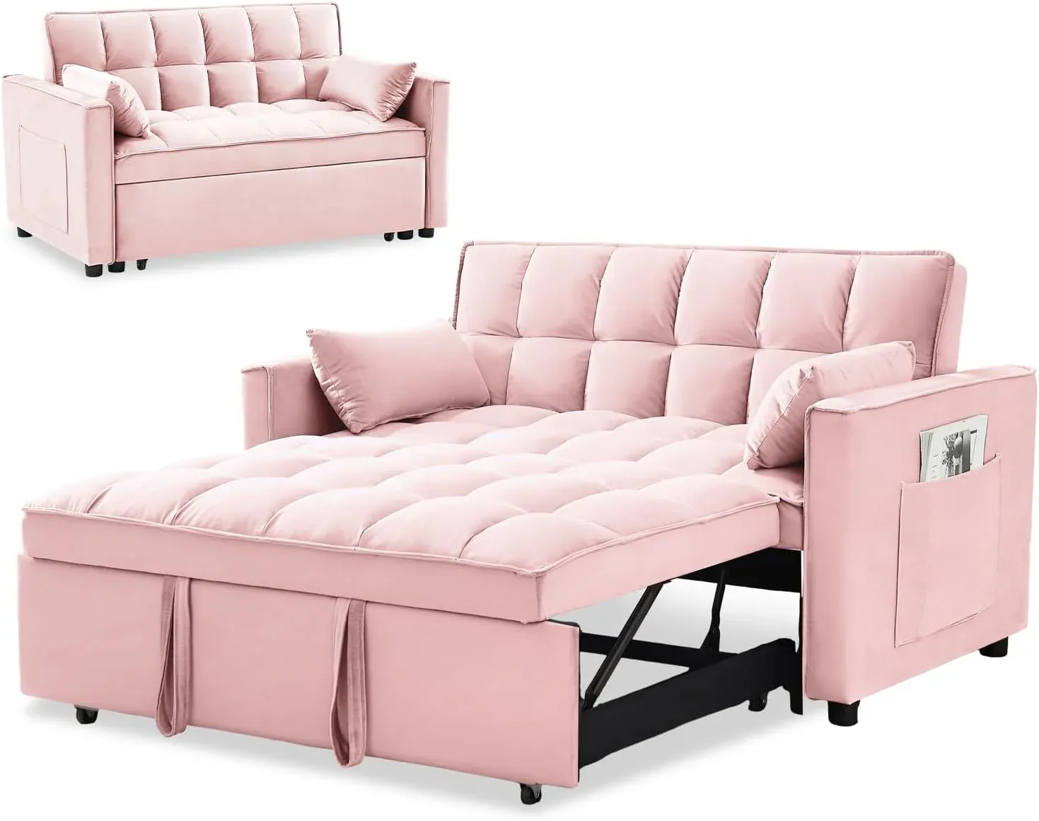 SofÃ¡ cama convertible de terciopelo con respaldo regulable en altura, almohadones con espacio de almacenamiento y sofÃ¡ cama extraÃ­ble