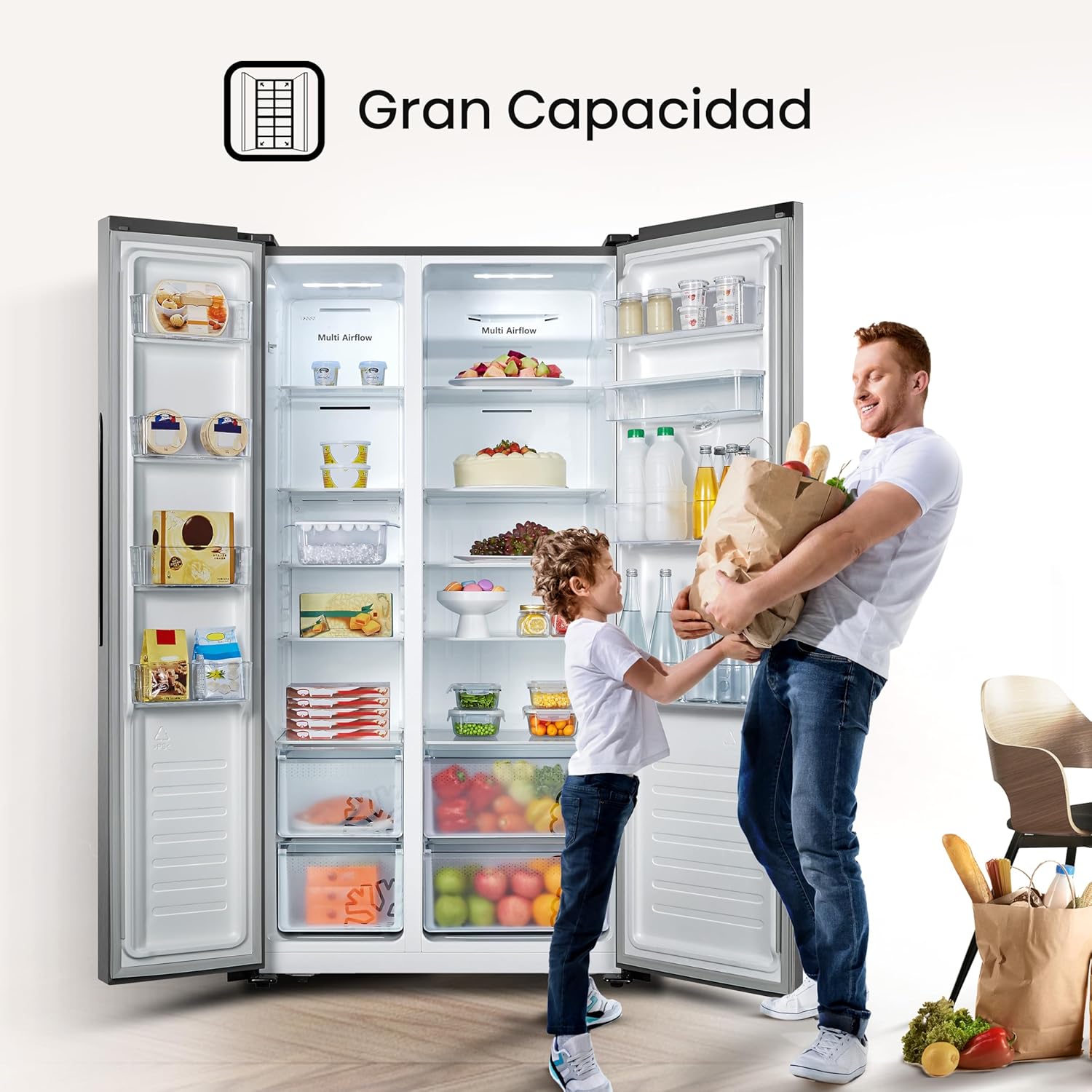 Hisense RS19N6WCX-Refrigerador Side by Side, 19 pies cúbicos con Dispensador de Agua, Control digital táctil, Total No Frost, Eco Inverter, 91x64x179cm(AnchoxLargoxAlto), Gris