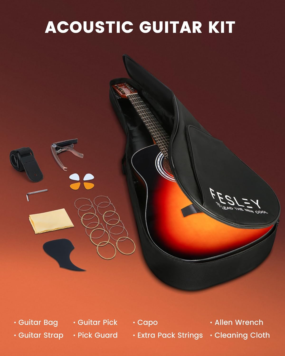 Fesley Guitarra de 12 cuerdas, guitarras eléctricas acústicas de tamaño completo para adultos, guitarra de abeto superior acústica, paquete de guitarra recortada con bolsa de concierto, púas, cuerdas, correa, natural
