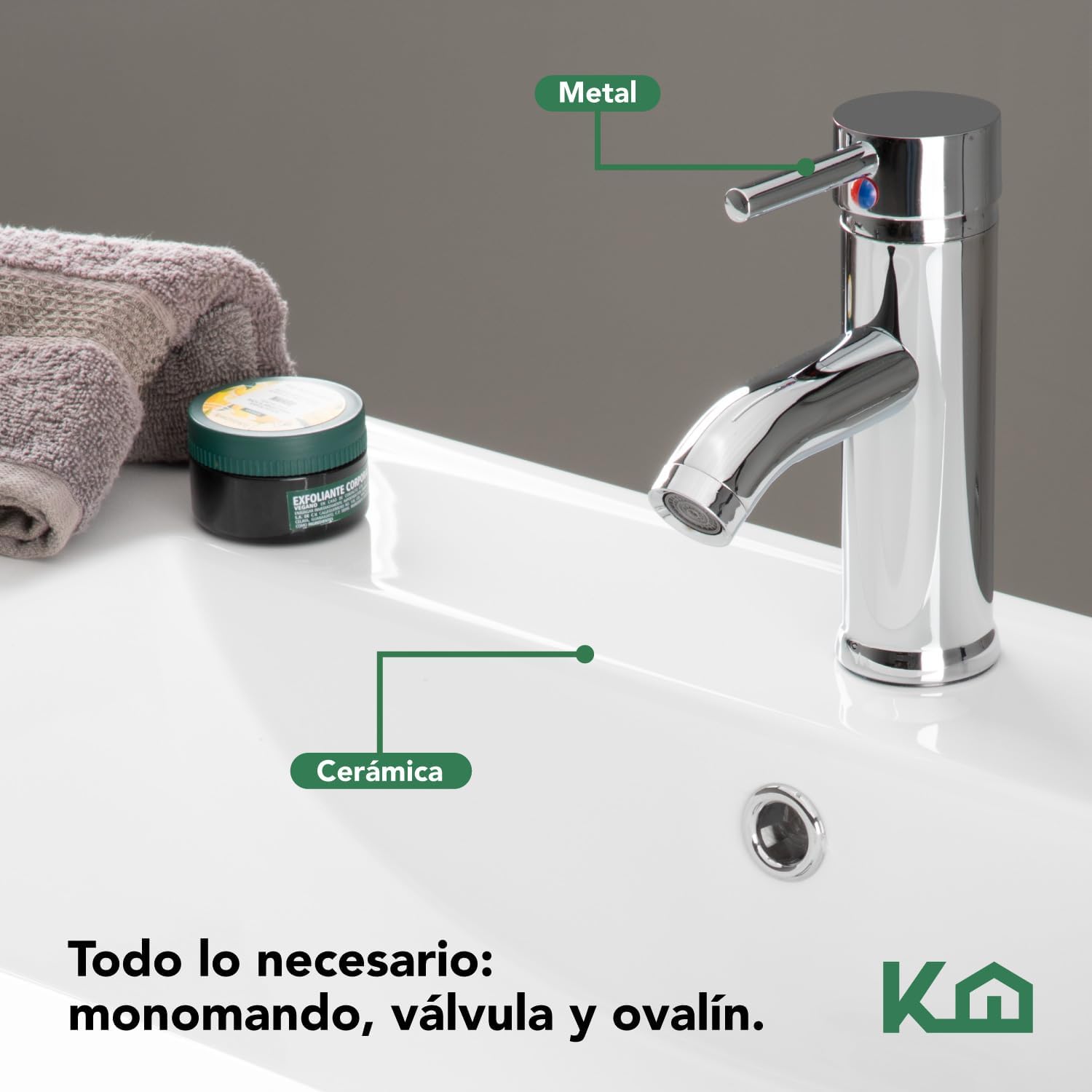 Kingshouse | Gabinete para Baño con Ovalín y Monomando – Mueble de Baño Lavamanos con 2 Cajones – Lavabo – Gabiente Organizador - Color Gris Mate – Fibra de Madera MDF – Lavamanos De Cerámica