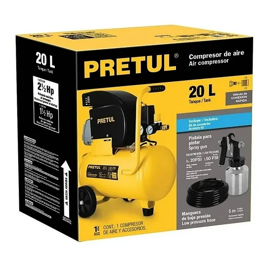 Paquete Compresor 20 Lt, Manguera Y Pistola Pretul 24357 Pretul COMP-KIT20P