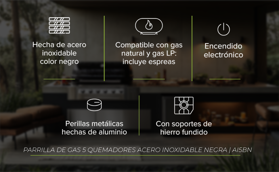 AVERA Parrilla de Gas 5 Quemadores 86cm, Acero Inoxidable Color Negro