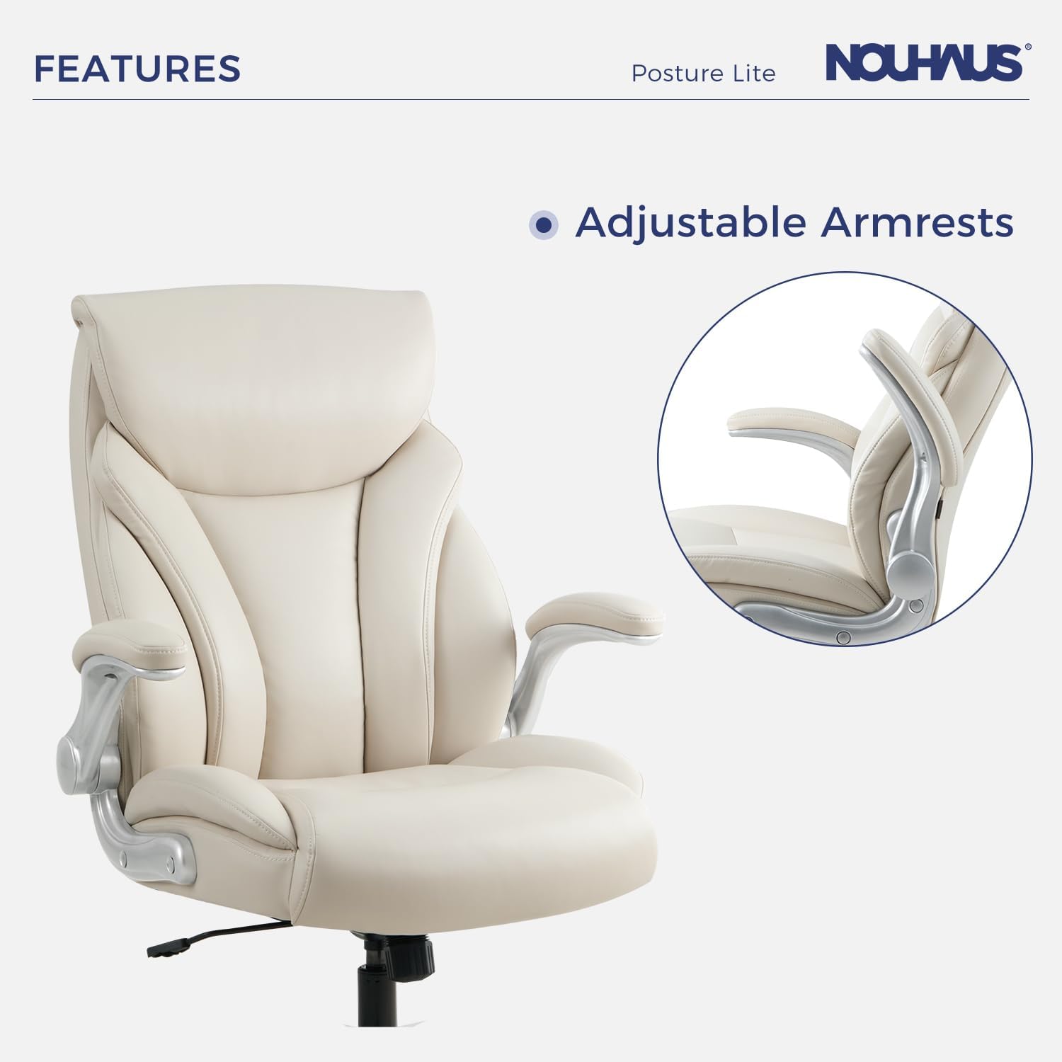 Nouhaus - Silla de oficina grande y alta con soporte lumbar, silla de oficina ergonómica de piel sintético, silla de computadora ejecutiva con reposabrazos ajustables (Posture Lite, blanco)
