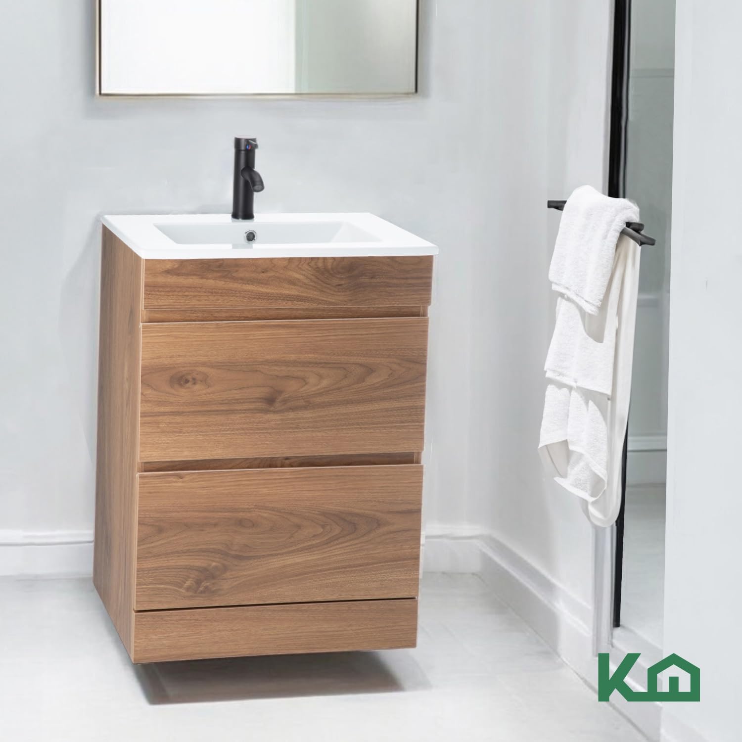 Kingshouse | Gabinete para Baño con Ovalín y Monomando – Mueble de Baño Lavamanos con 2 Cajones – Lavabo – Gabiente Organizador - Color Gris Mate – Fibra de Madera MDF – Lavamanos De Cerámica