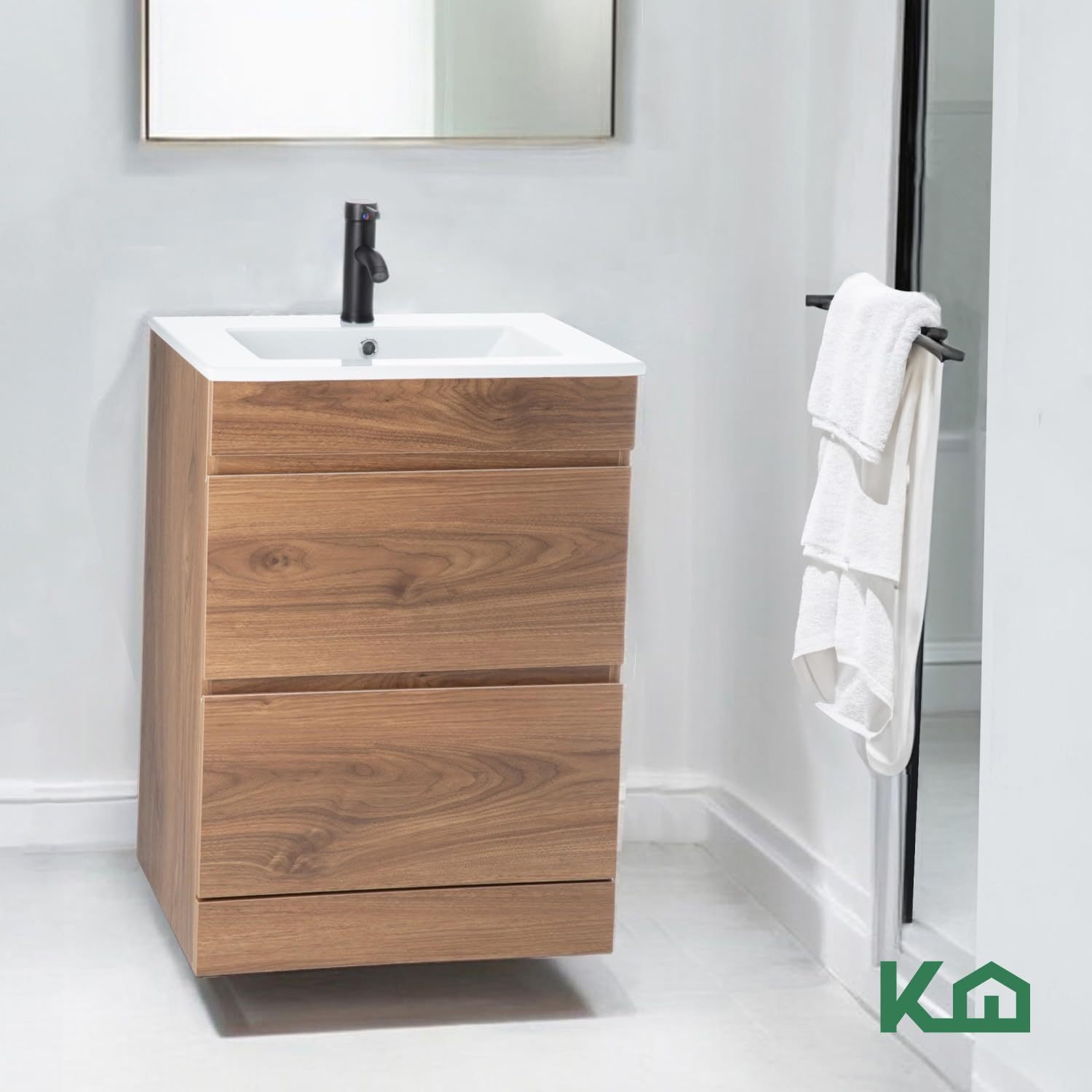 Kingshouse | Gabinete para Baño con Ovalín y Monomando – Mueble de Baño Lavamanos con 2 Cajones – Lavabo – Gabiente Organizador - Color Gris Mate – Fibra de Madera MDF – Lavamanos De Cerámica