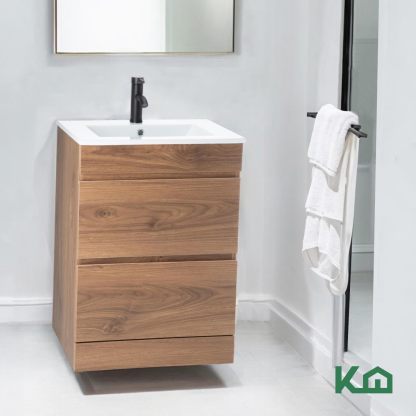 Kingshouse | Gabinete para Baño con Ovalín y Monomando – Mueble de Baño Lavamanos con 2 Cajones – Lavabo – Gabiente Organizador - Color Gris Mate – Fibra de Madera MDF – Lavamanos De Cerámica