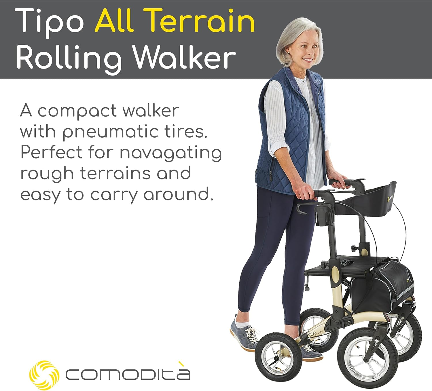 Tipo de comodidad Andador con ruedas para todo terreno, andador con ruedas para exteriores con asiento extra ancho y frenos para adultos y personas mayores, fácil de plegar, 4 ruedas, color champán metálico