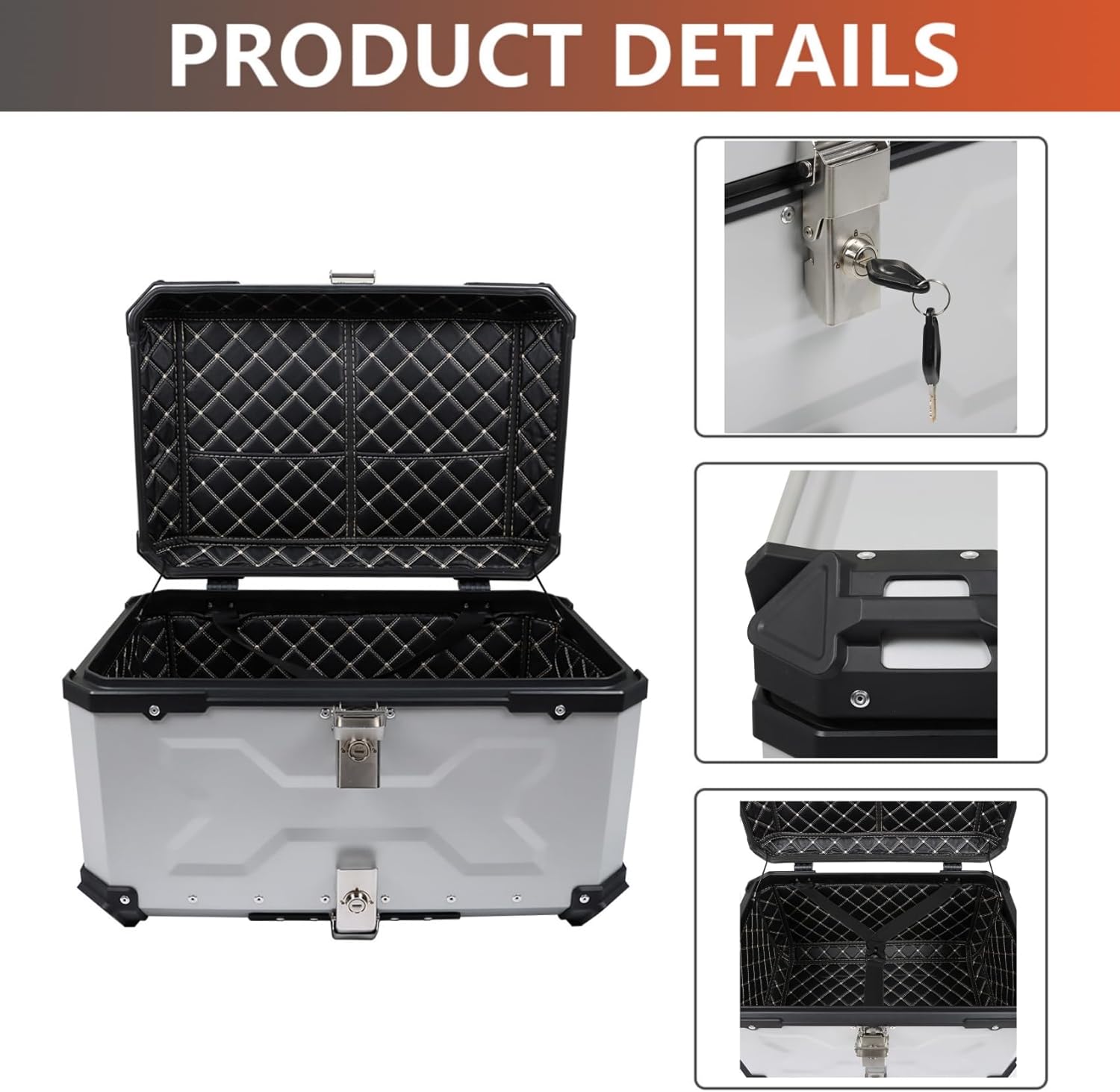 Labwork - Caja trasera para motocicleta de 45 l, con placa de montaje, aleación de aluminio dura, cierre de seguridad contra robo, metal plateado, caja trasera para maletero