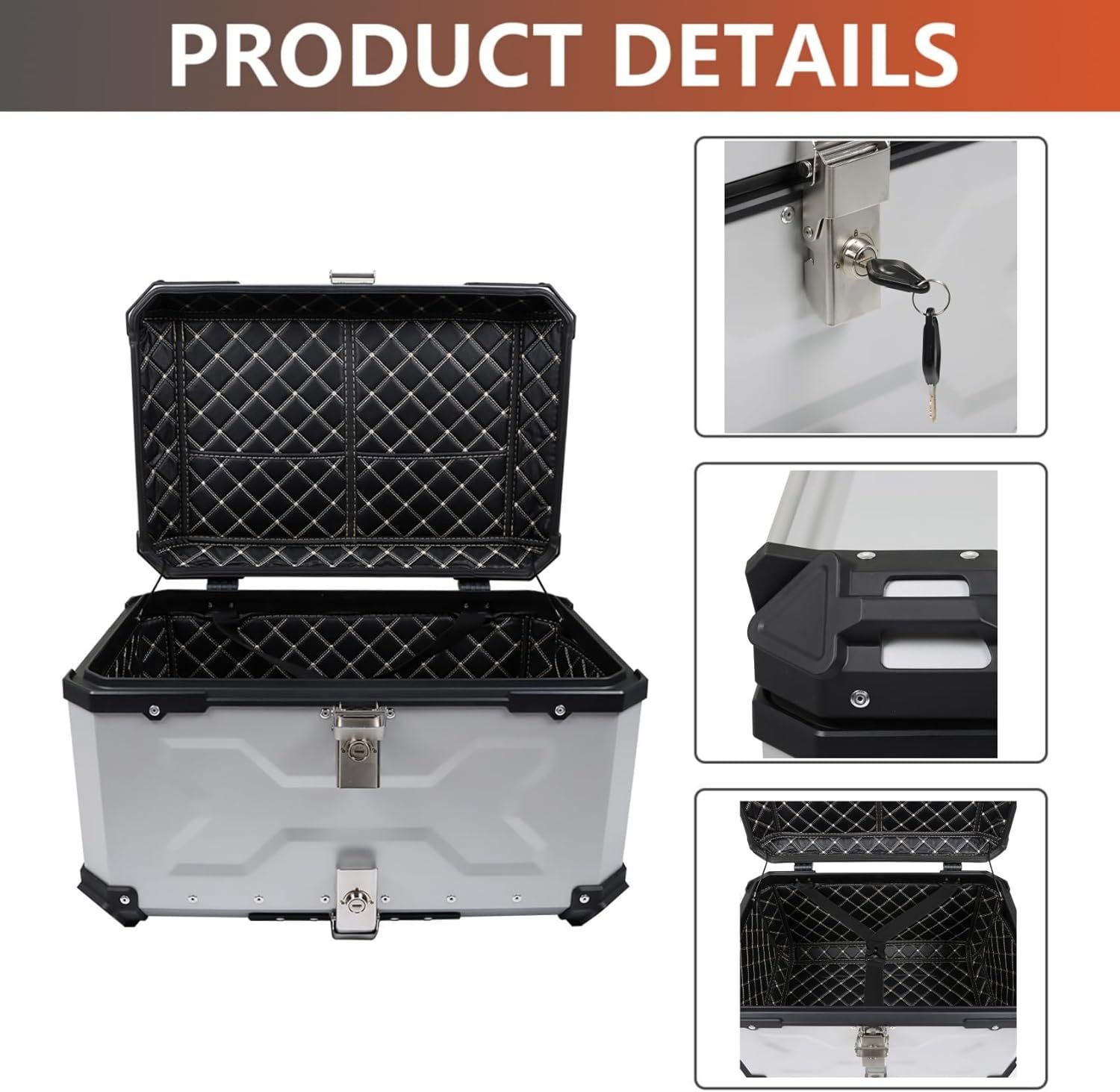 Labwork - Caja trasera para motocicleta de 45 l, con placa de montaje, aleación de aluminio dura, cierre de seguridad contra robo, metal plateado, caja trasera para maletero