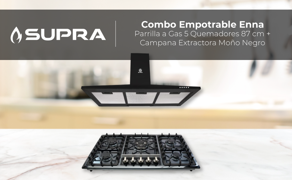SUPRA Combo Enna: Parrilla a Gas 5 Quemadores 87 cm + Campana Extractora Moño Negro 90 cm