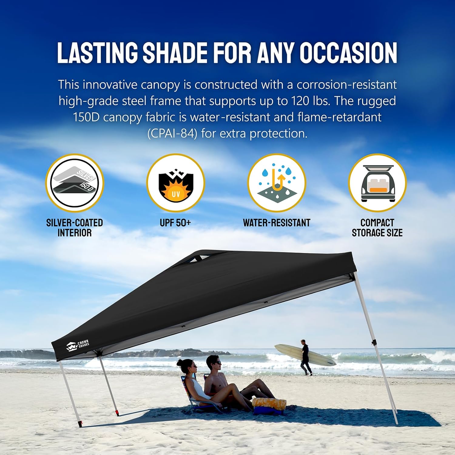 CROWN SHADES - Toldo desplegable de 3.60 x 3.60 metros, toldo patentado de un empuje con bolsa de transporte con ruedas, 8 estacas y 4 cuerdas, negro