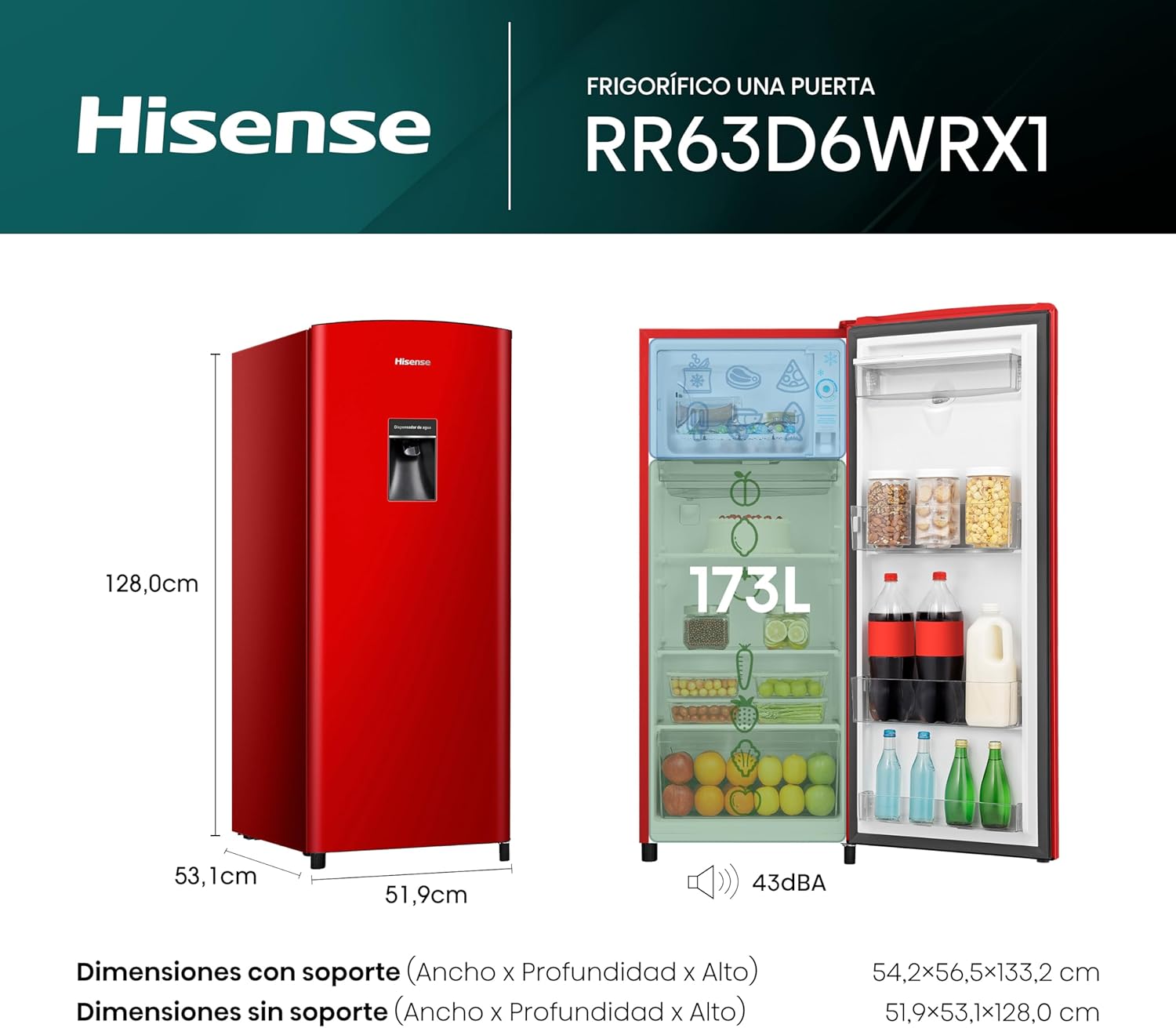 Hisense RR63D6WGX-Refrigerador Una Puerta, 6.3 pies cúbicos con Dispensador de Agua,Deshielo Semiautomático,Sello de Puerta Antibacteriano,52x54x128cm(AnchoxLargoxAlto),Gris