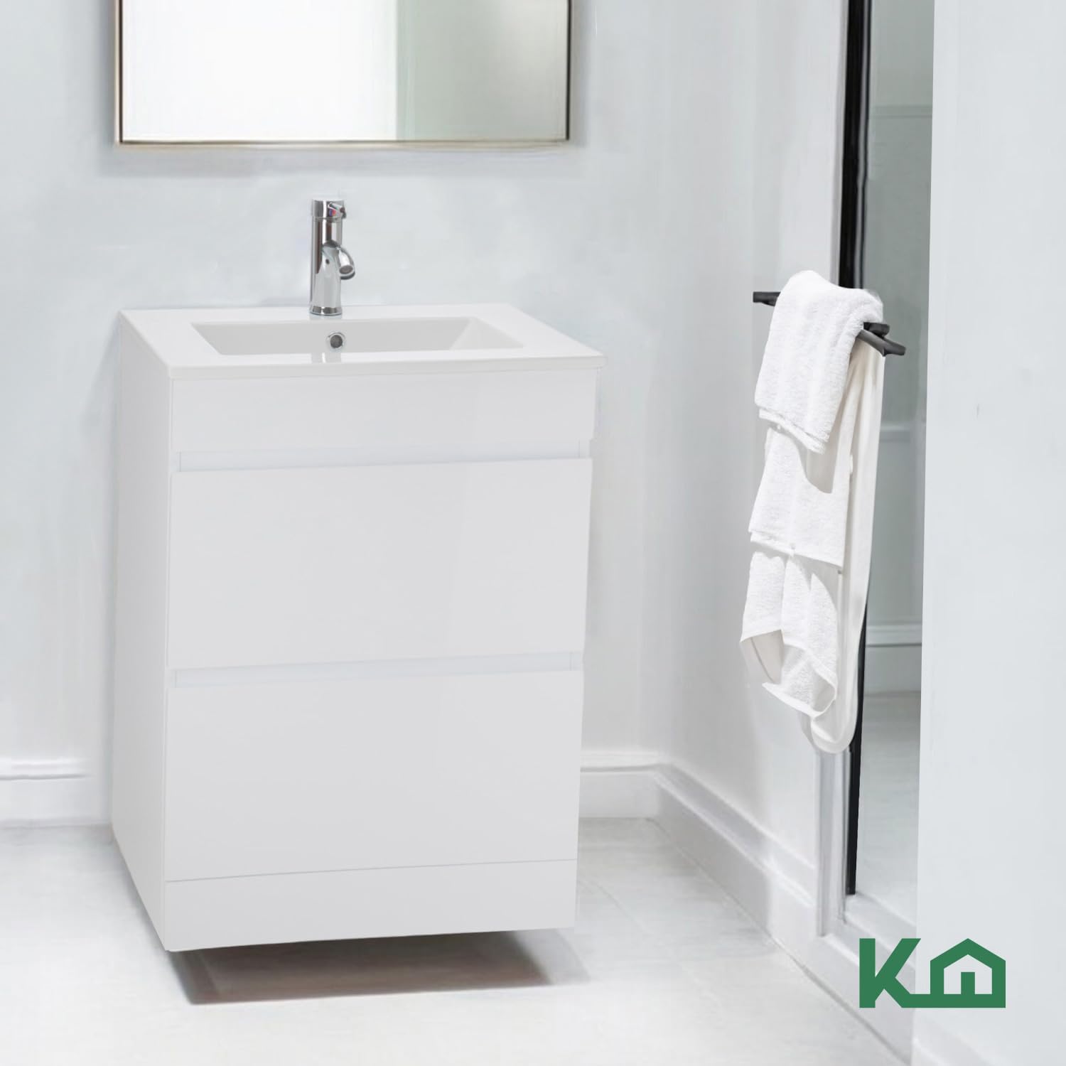 Kingshouse | Gabinete para Baño con Ovalín y Monomando – Mueble de Baño Lavamanos con 2 Cajones – Lavabo – Gabiente Organizador - Color Gris Mate – Fibra de Madera MDF – Lavamanos De Cerámica