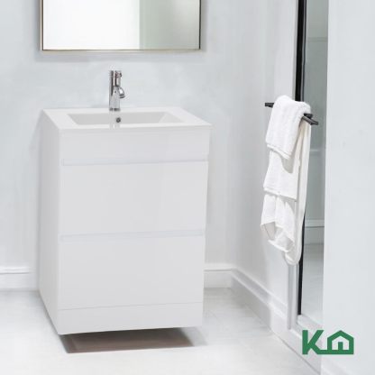 Kingshouse | Gabinete para Baño con Ovalín y Monomando – Mueble de Baño Lavamanos con 2 Cajones – Lavabo – Gabiente Organizador - Color Gris Mate – Fibra de Madera MDF – Lavamanos De Cerámica