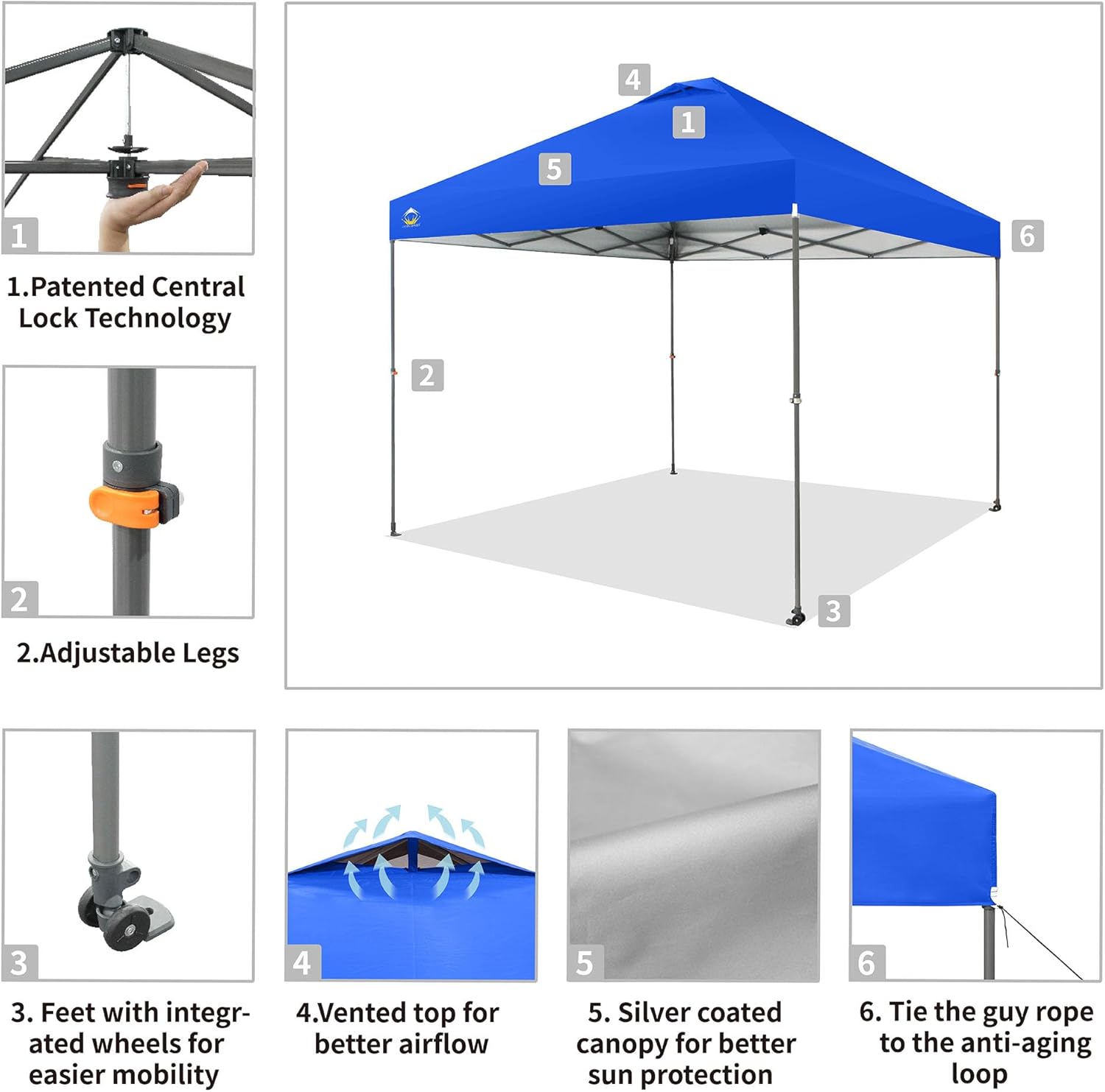 CROWN SHADES - Toldo desplegable de 3.60 x 3.60 metros, toldo patentado de un empuje con bolsa de transporte con ruedas, 8 estacas y 4 cuerdas, negro