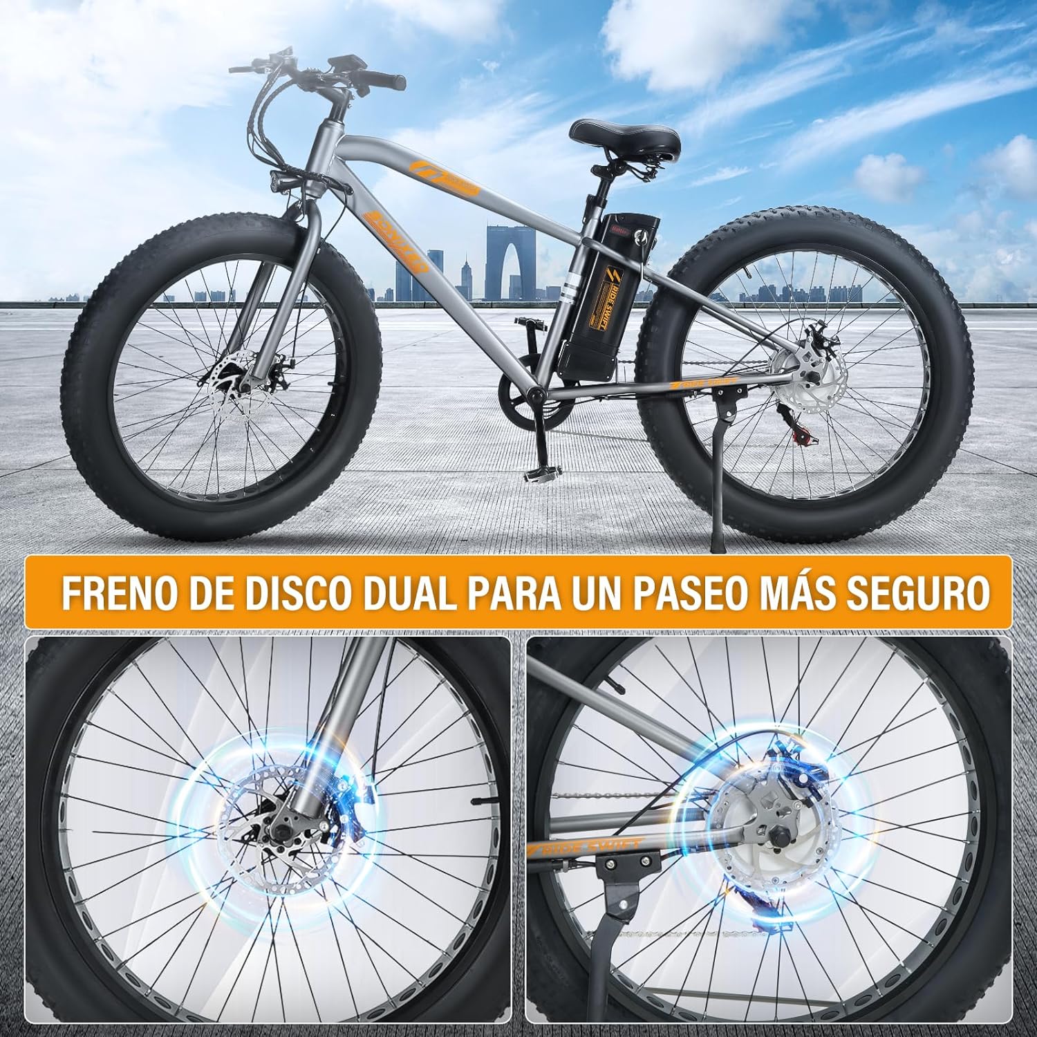 Bicicleta Eléctrica para Adultos,Motor de 500W, con Batería Removible de 48V 10 AH, Velocidad Máxima de 40 km/h, Neumáticos de 26”,Transmisión Shimano 6 velocidades,130kg, VB26 Cruiser