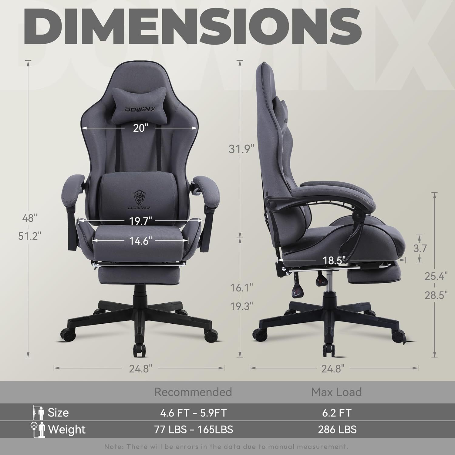 Dowinx - Silla de Juego de Tela con cojín de Resorte de Bolsillo, Silla de Juego de Masaje con reposacabezas, Silla ergonómica de computadora con reposapiés de 300 Libras, Negro y Gris