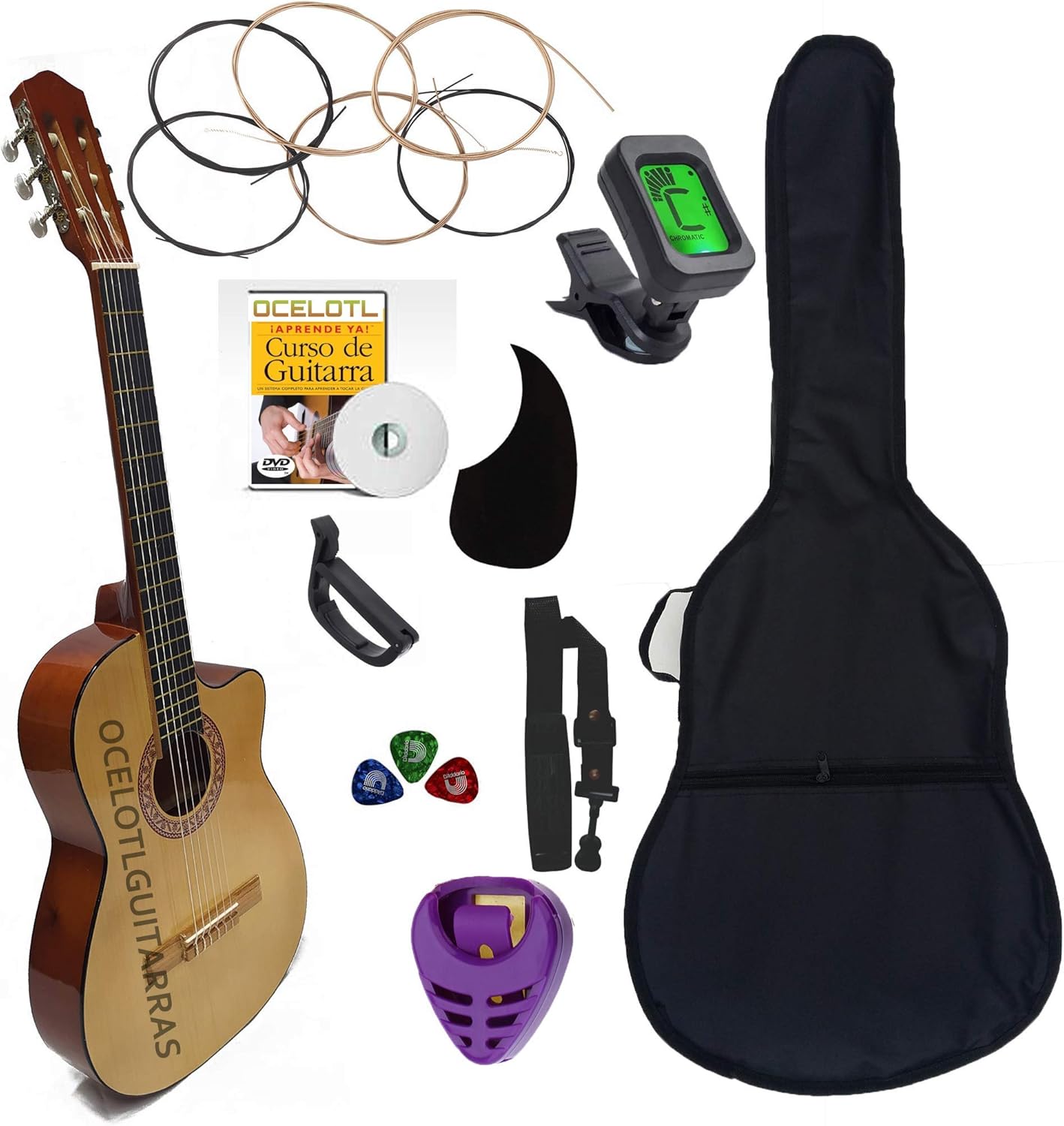Guitarra Acústica Curva Ocelotl® Paquete Vital De Accesorios (Negro)