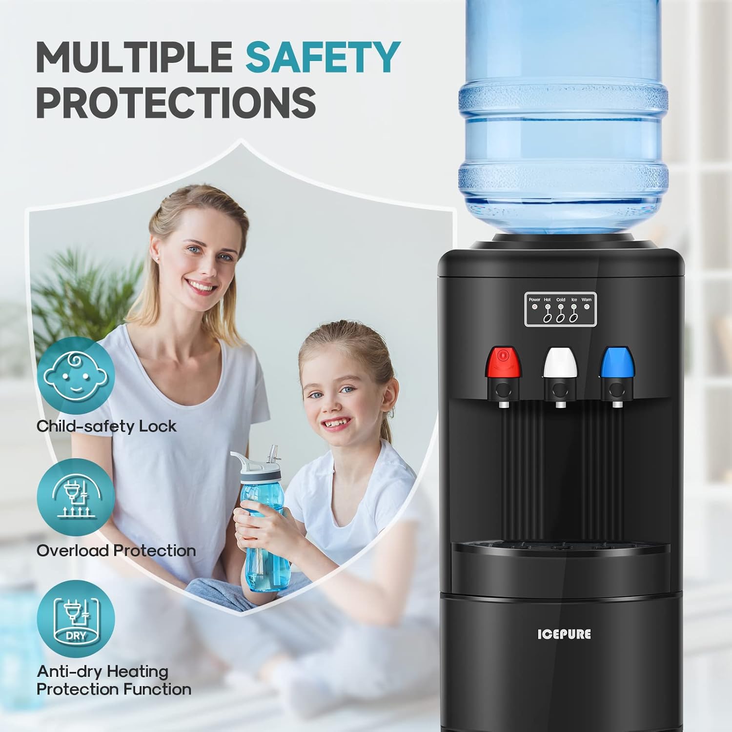 ICEPURE - Dispensador de agua 3 en 1 con máquina de hielo integrada, agua caliente y fría temperatura y hielo bala, carga superior de 2, 3 o 5 galones, 24 libras por máquina de hielo de 24 horas,