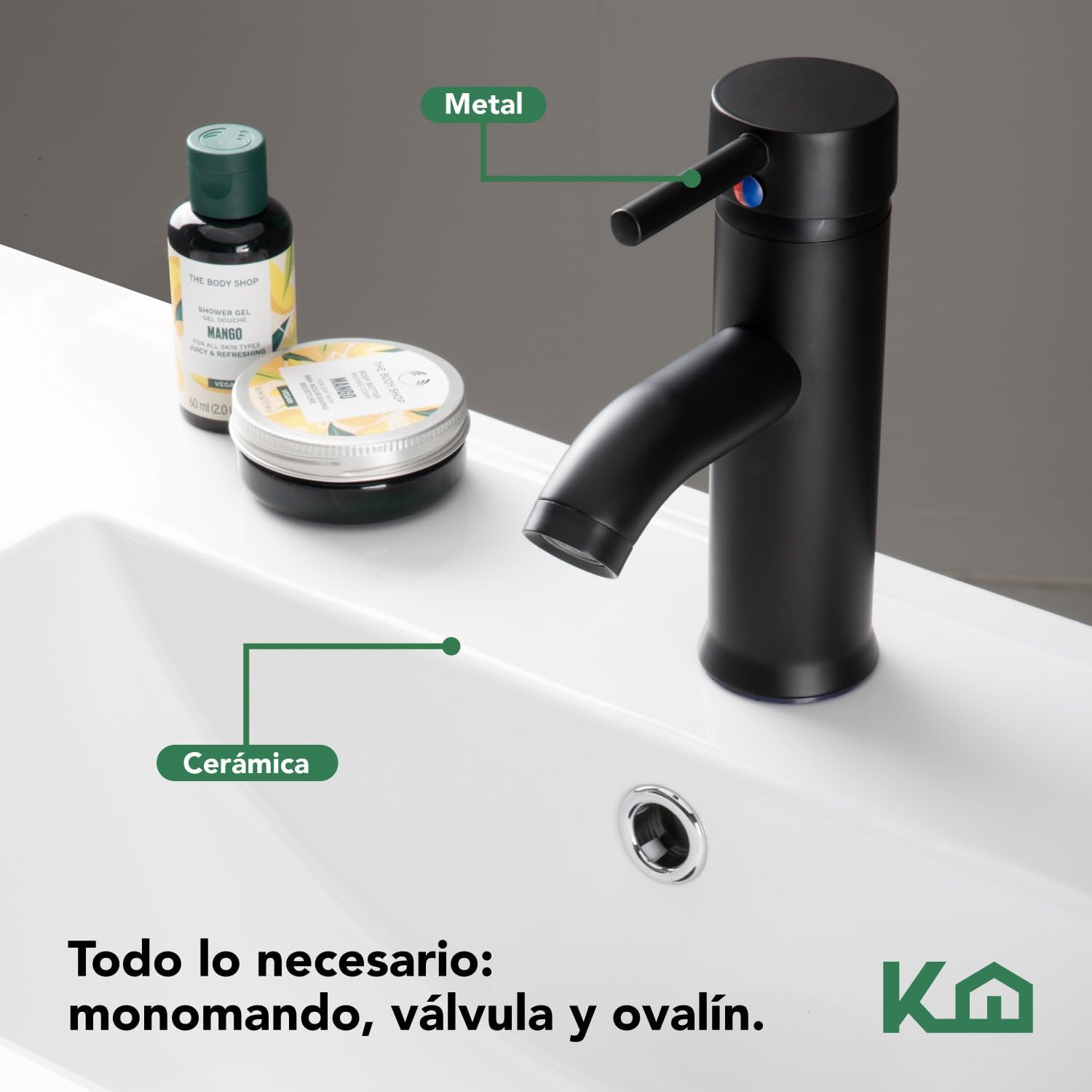 Kingshouse | Gabinete para Baño con Ovalín y Monomando – Mueble de Baño Lavamanos con 2 Cajones – Lavabo – Gabiente Organizador - Color Gris Mate – Fibra de Madera MDF – Lavamanos De Cerámica
