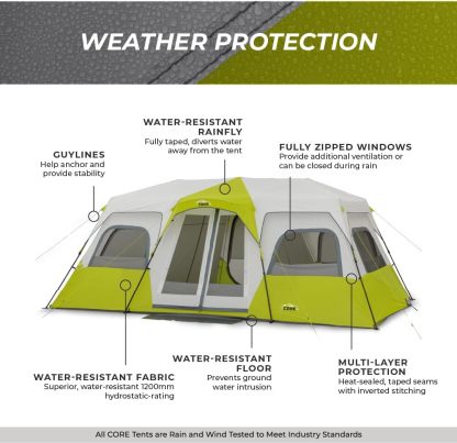 [Copy]CORE - Tienda de campaña instantánea para 12 personas | Tienda de campaña enorme de 3 habitaciones para familia con bolsillos de almacenamiento para accesorios de camping, tienda de campaña grande