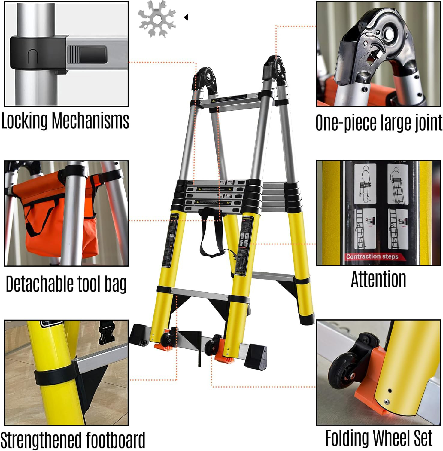 Escalera telescópica de 18 pies con marco A portátil, de aluminio, plegable hasta 38 pulgadas de ancho. Estabilizador/ruedas/soporte de carga ajustable, plegable, escaleras de escalón de 7 + 7 pies-llave inglesa