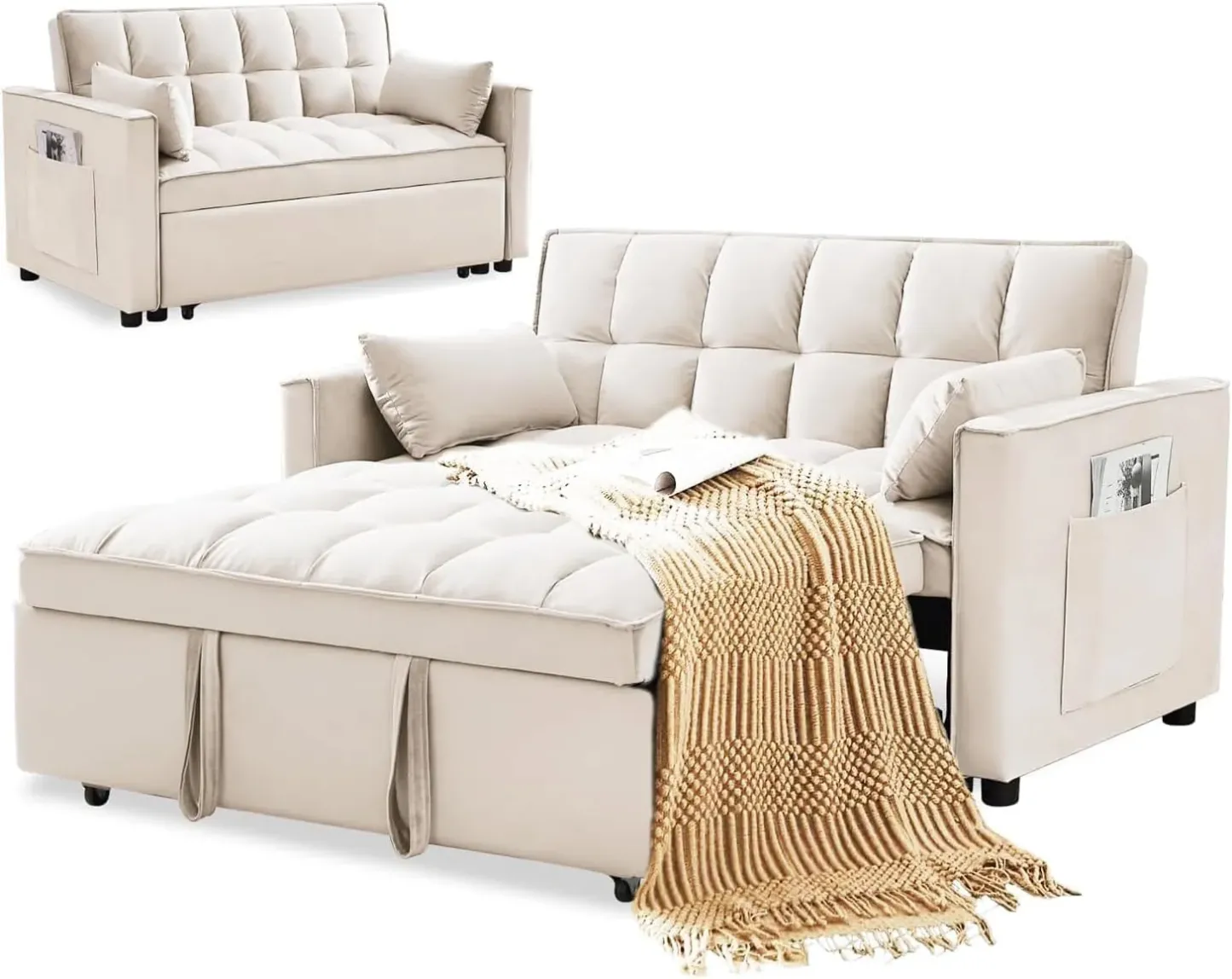 SofÃ¡ cama convertible de terciopelo con respaldo regulable en altura, almohadones con espacio de almacenamiento y sofÃ¡ cama extraÃ­ble