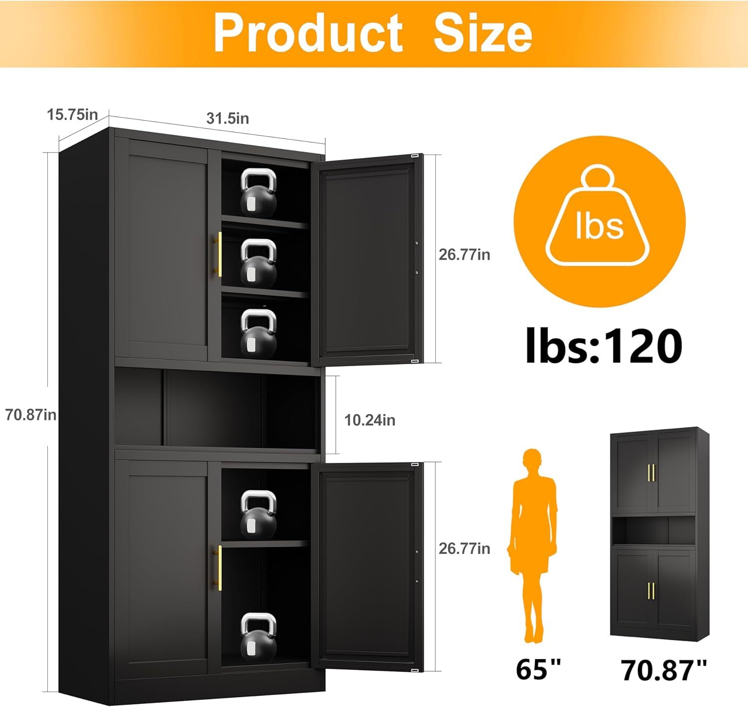 Ckzbx Gabinete de cocina de metal de 61 pulgadas de alto con 4 puertas, armarios de baño, 2 estantes ajustables para cocina, oficina en casa, sala de estar, comedor (negro)