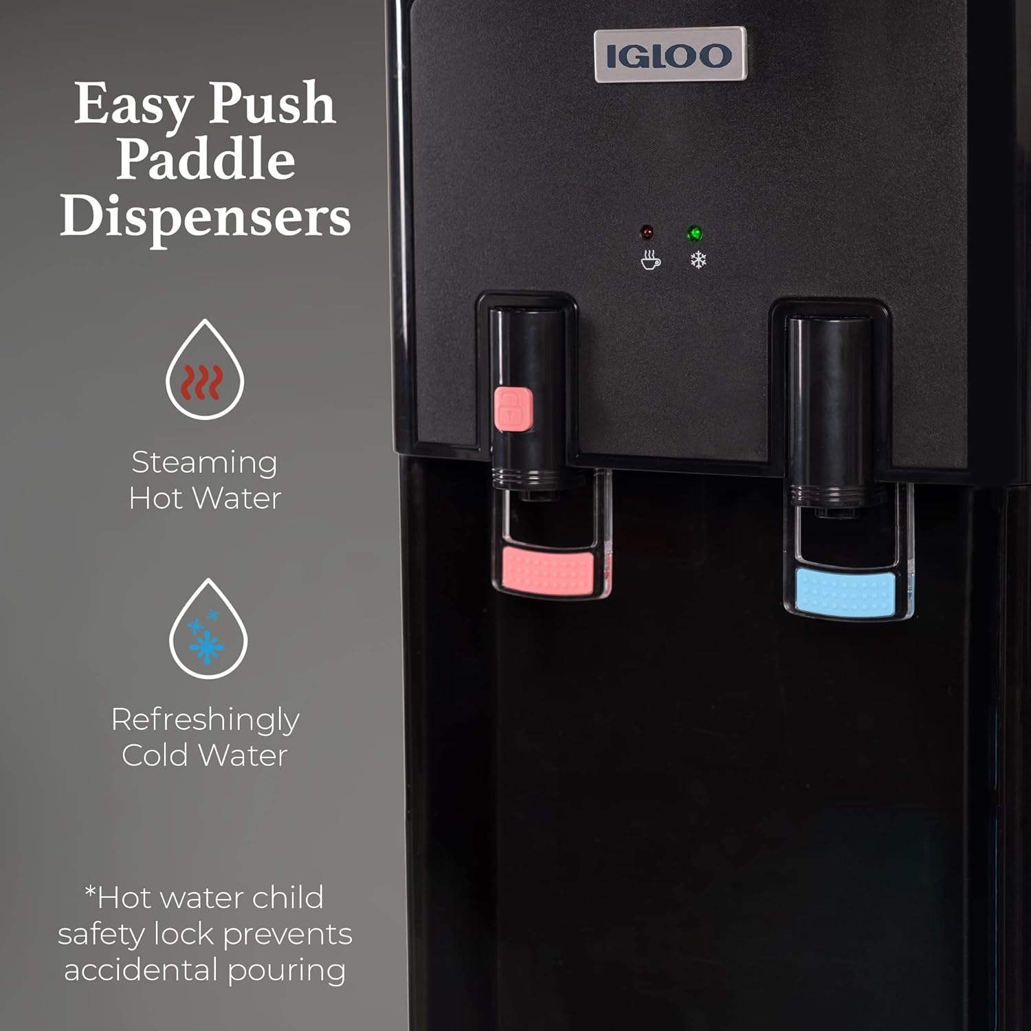Igloo - Dispensador de agua fría y caliente de carga superior, enfriador de agua para botellas de 5 galones y botellas de 3 galones, incluye cerradura de seguridad para niños, máquina de agua perfecta