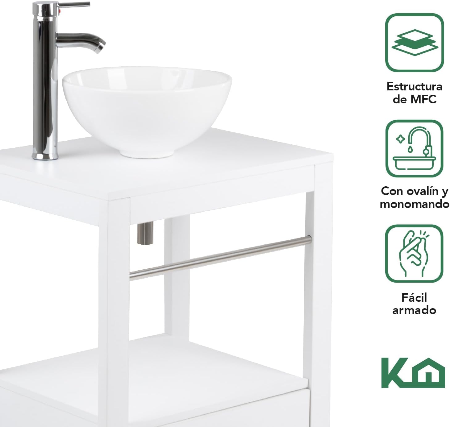 Kingshouse | Gabinete para Baño con Ovalín y Monomando – Mueble de Baño Lavamanos con 2 Cajones – Lavabo – Gabiente Organizador - Color Gris Mate – Fibra de Madera MDF – Lavamanos De Cerámica