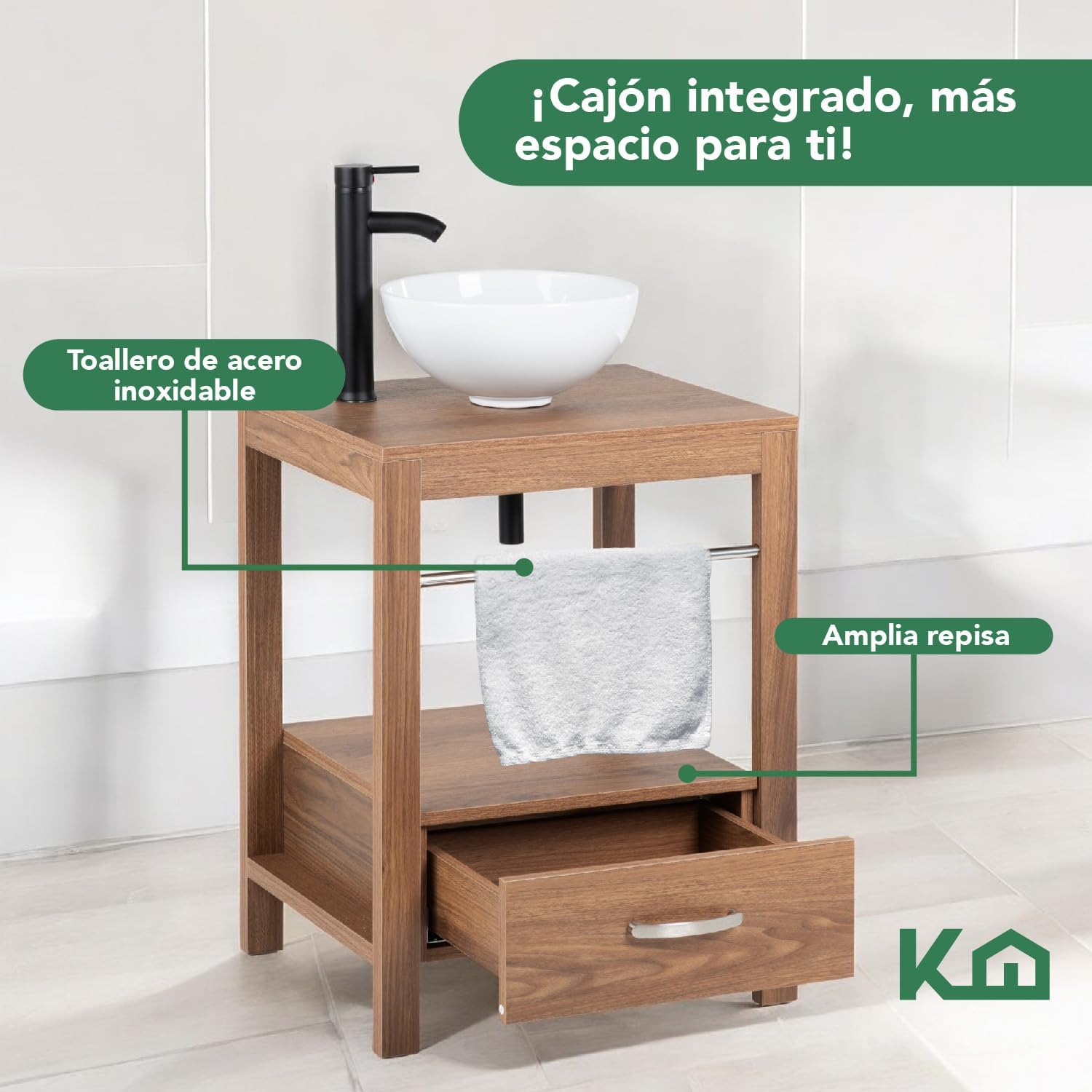 Kingshouse | Gabinete para Baño con Ovalín y Monomando – Mueble de Baño Lavamanos con 2 Cajones – Lavabo – Gabiente Organizador - Color Gris Mate – Fibra de Madera MDF – Lavamanos De Cerámica