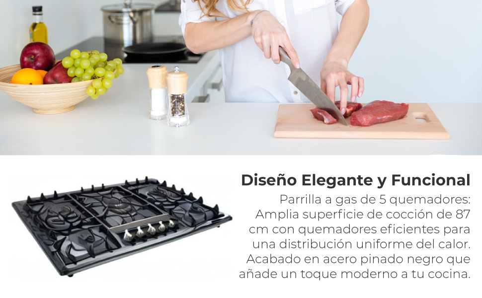 SUPRA Combo Enna: Parrilla a Gas 5 Quemadores 87 cm + Campana Extractora Moño Negro 90 cm