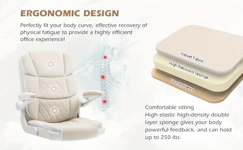 Silla de   Ergonómica de Terciopelo Beige con Soporte Lumbar, Apoyabrazos Ajustables y Base   - Silla de Escritorio Ejecutiva Cómoda para el Hogar, Estudio o Dormitorio detalles 3