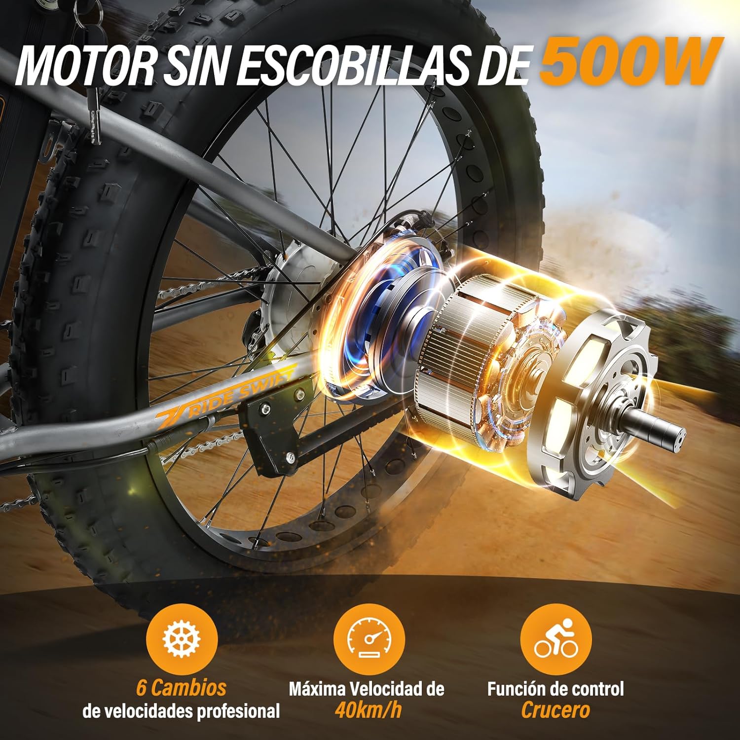 Bicicleta Eléctrica para Adultos,Motor de 500W, con Batería Removible de 48V 10 AH, Velocidad Máxima de 40 km/h, Neumáticos de 26”,Transmisión Shimano 6 velocidades,130kg, VB26 Cruiser