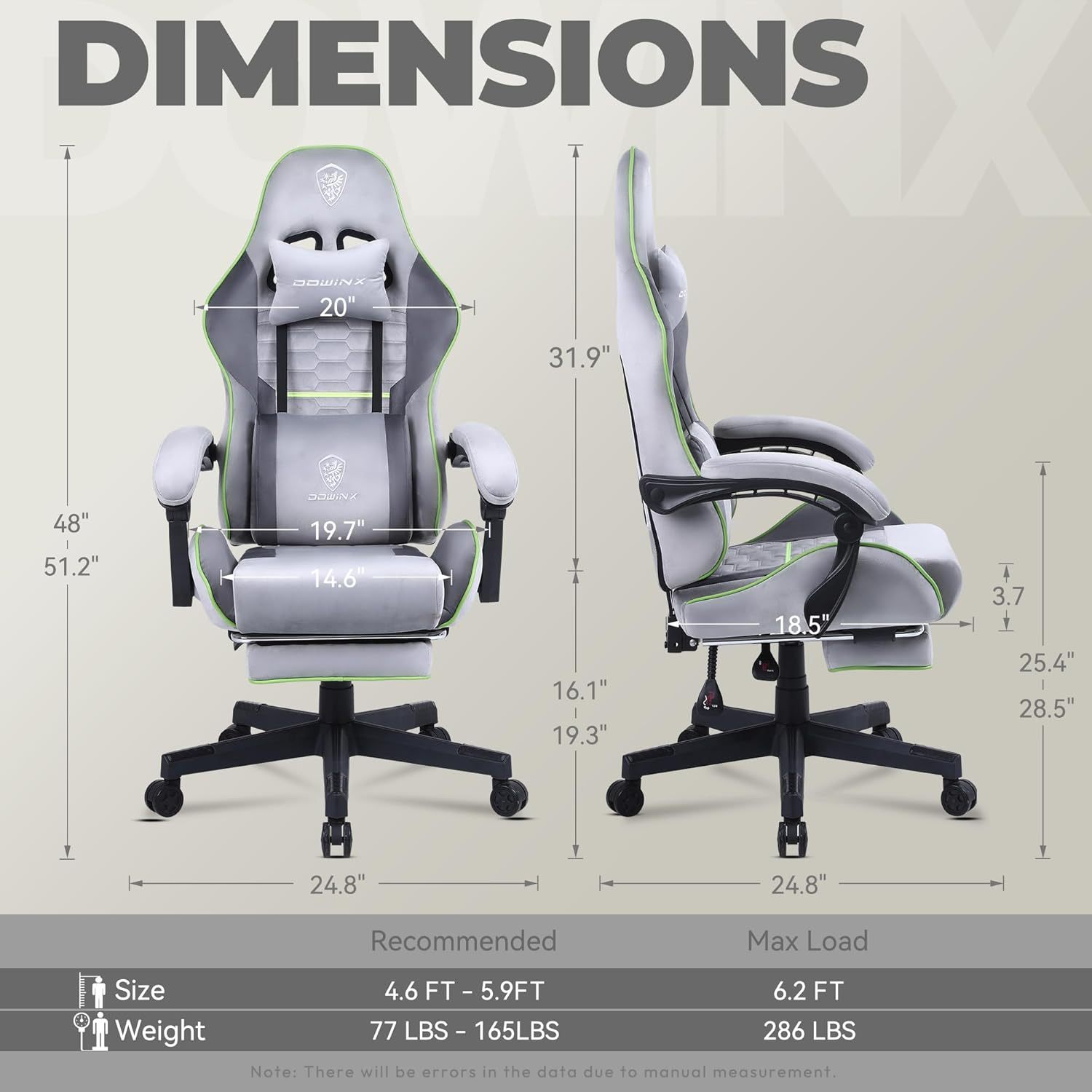 Dowinx - Silla de Juego de Tela con cojín de Resorte de Bolsillo, Silla de Juego de Masaje con reposacabezas, Silla ergonómica de computadora con reposapiés de 300 Libras, Negro y Gris