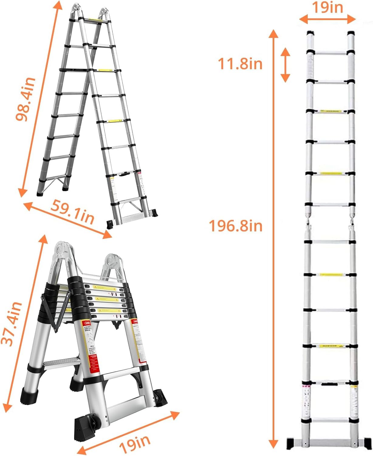 EvaStar - Escalera telescópica con marco A, escaleras telescópicas de aluminio ligeras con estabilizadores triangulares, barra estabilizadora y ruedas, escalera de extensión de capacidad de 350 libras