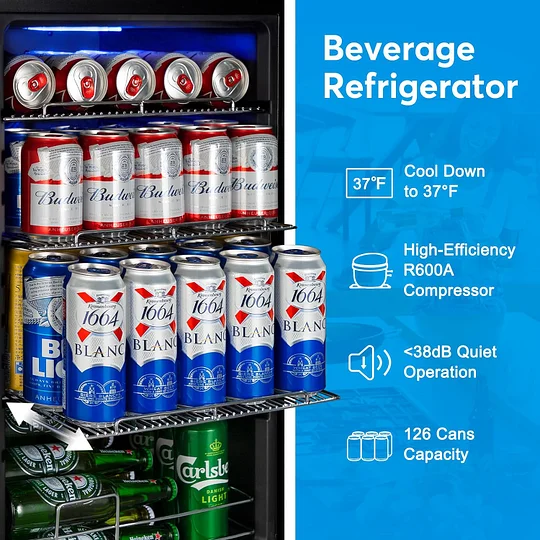Refrigerador de bebidas de 17 pulgadas de ancho - Enfriador de bebidas para 126 latas con puerta de vidrio | Mini refrigerador para bebidas y cerveza de encimera/independiente | Memoria de temperatura | Puerta invisible |