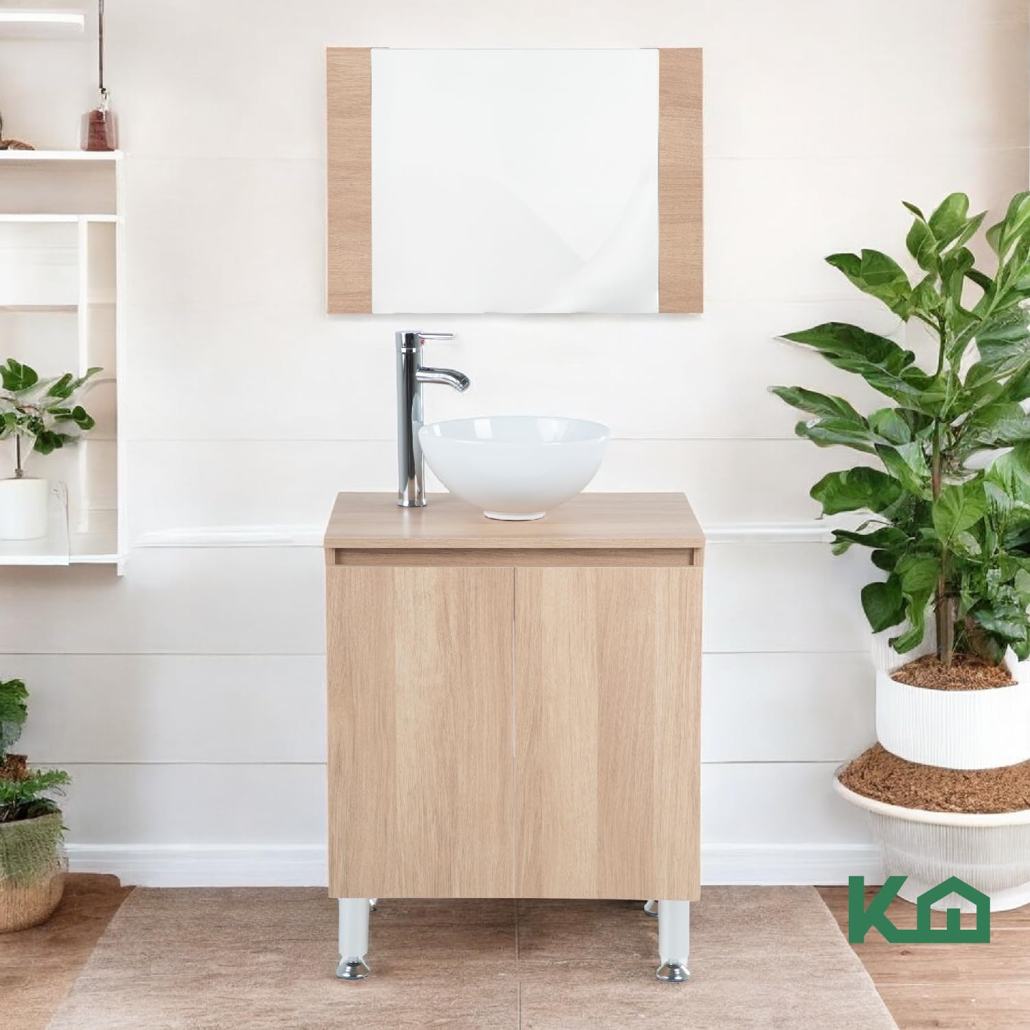 Kingshouse | Gabinete para Baño con Ovalín y Monomando – Mueble de Baño Lavamanos con 2 Cajones – Lavabo – Gabiente Organizador - Color Gris Mate – Fibra de Madera MDF – Lavamanos De Cerámica
