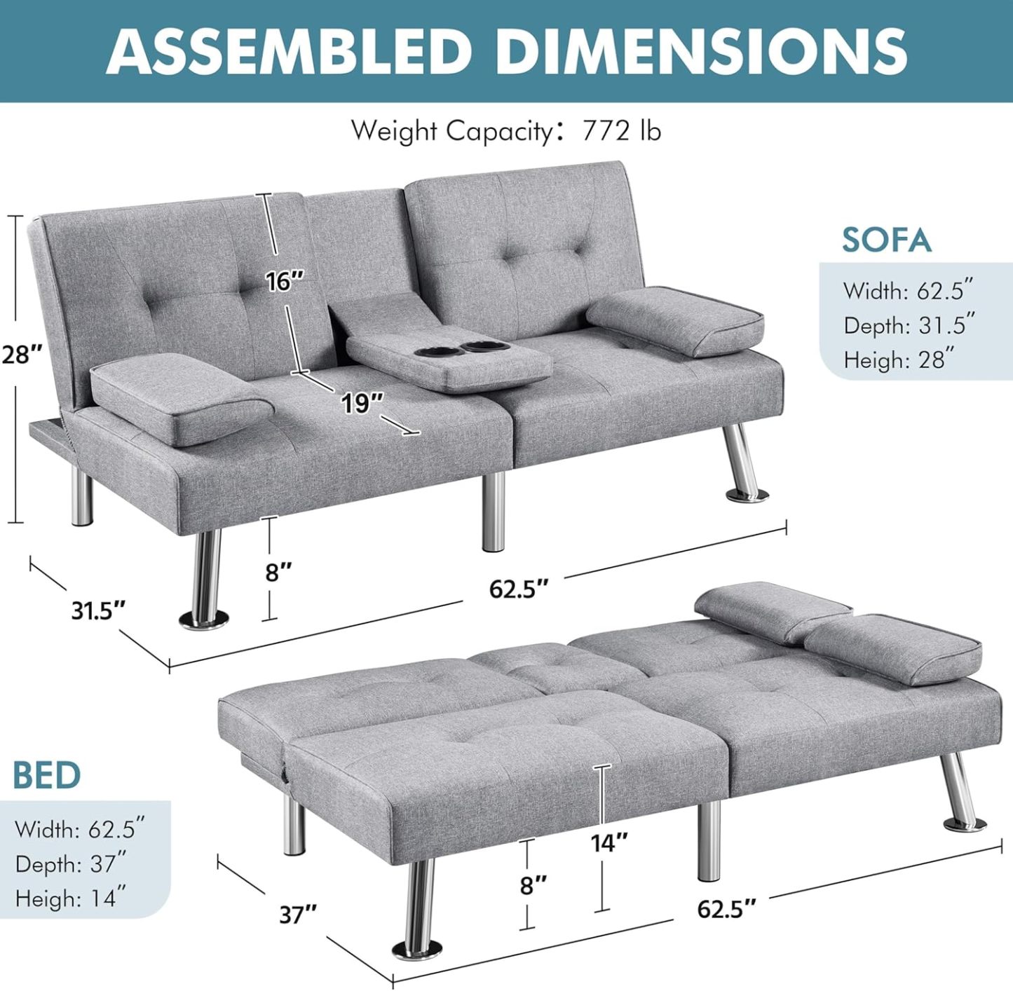 Yaheetech - Sofá Cama Convertible Ajustable, Moderno sillón reclinable de Piel sintética Reversible, sofá Cama Plegable, reposabrazos extraíbles, portavasos, 3 ángulos, Capacidad de 700 Libras, Color