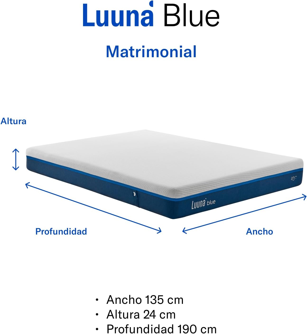 Luuna Blue Colchón Queen Size, Colchón Memory Foam, 24cm de Altura, Firmeza Media, Colchones en Caja, 3 Capas de Espuma de Alta Densidad, Colchón Fresco