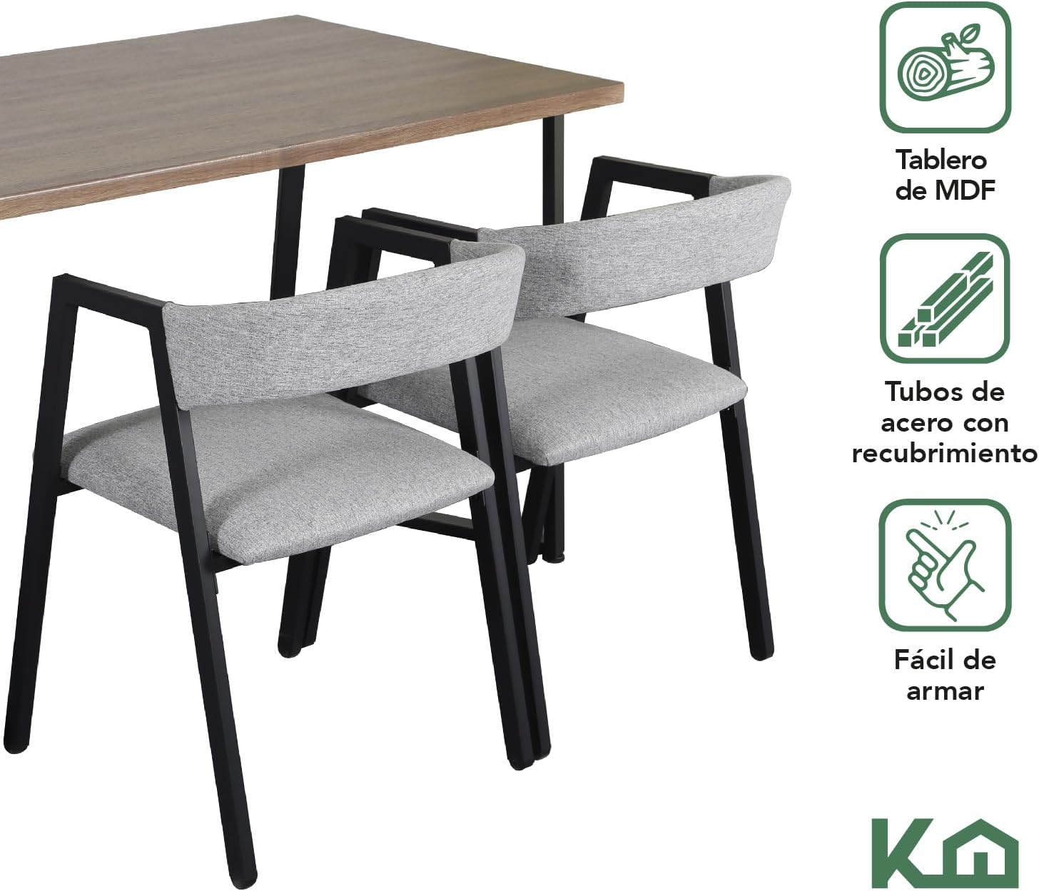 Kingshouse | Comedor 4 Sillas y Mesa – Juego de Comedor - Madera MDF Estructura Metálica - Acolchado - Moderno Minimalista - 4 Personas - Gris - Café