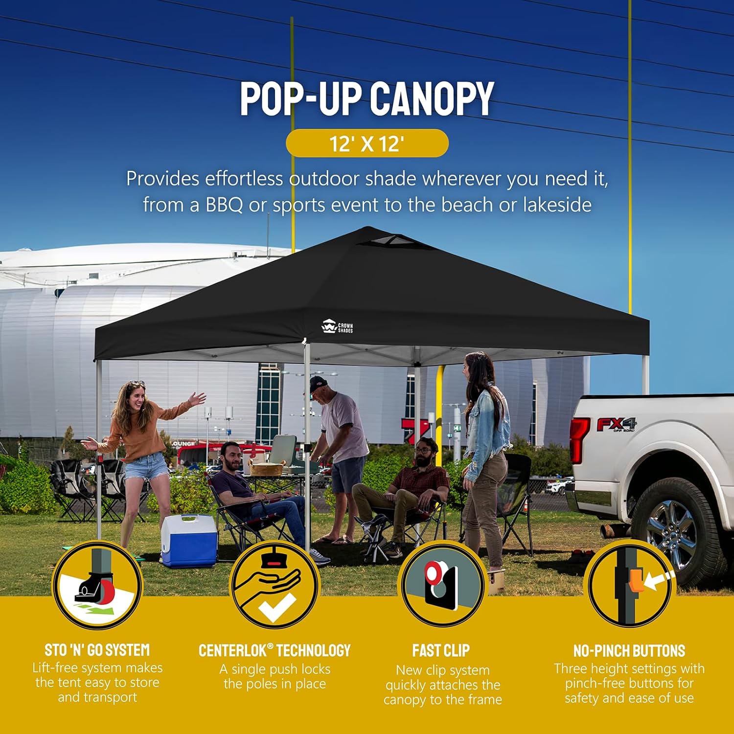 CROWN SHADES - Toldo desplegable de 3.60 x 3.60 metros, toldo patentado de un empuje con bolsa de transporte con ruedas, 8 estacas y 4 cuerdas, negro