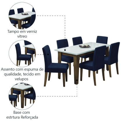 Juego de mesa de comedor Miami con 6 sillas Trieste de gamuza 1,60 m Cedro / Blanco roto / Dobuê Plomo - Movale